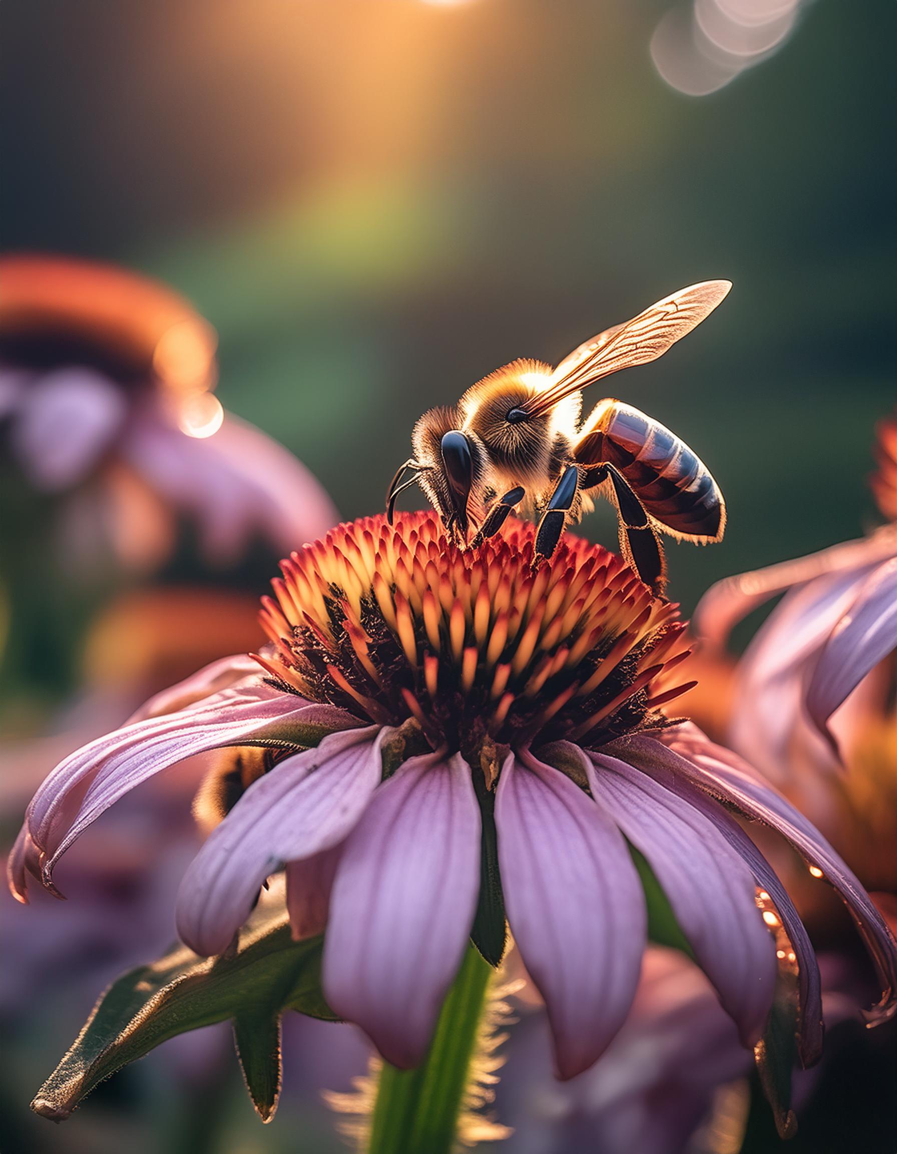 Honey Bee pollinating a purple coneflower echinacea in macro focus