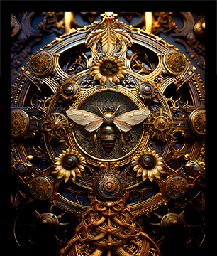 Bee in a medallion of metal parts and clockwork.