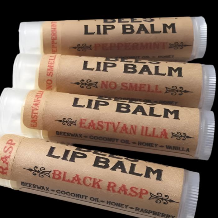 Lip balm made with pure natural Beeswax in four flavors: Vanilla, Black Raspberry, Peppermint, and No scent. 