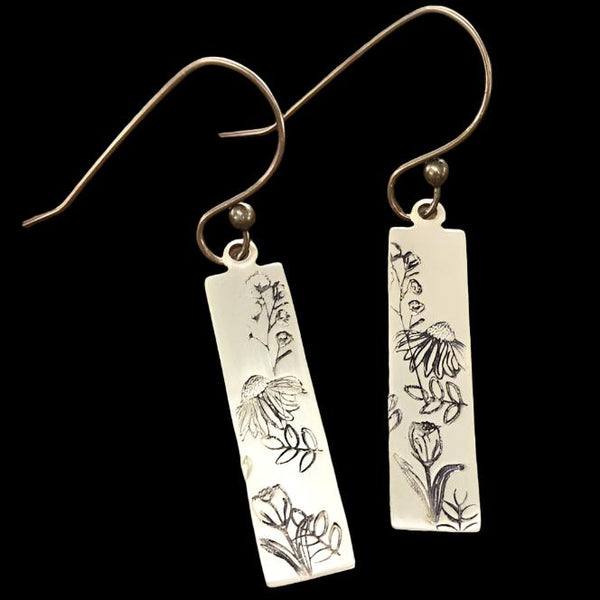 Accessories & Crocks - Brass Wildflower Earrings, Hand Stamped Skinny Rectangle for Higbee Honey