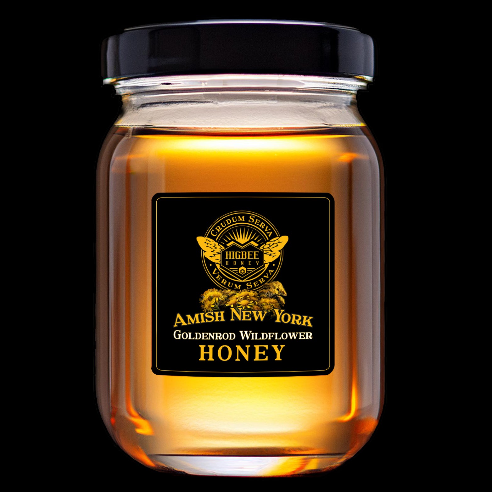 Honey - Amish New York Goldenrod in a glass jar and black metal lid,  backlit and glowing golden amber colors by Higbee Honey on a black Background.