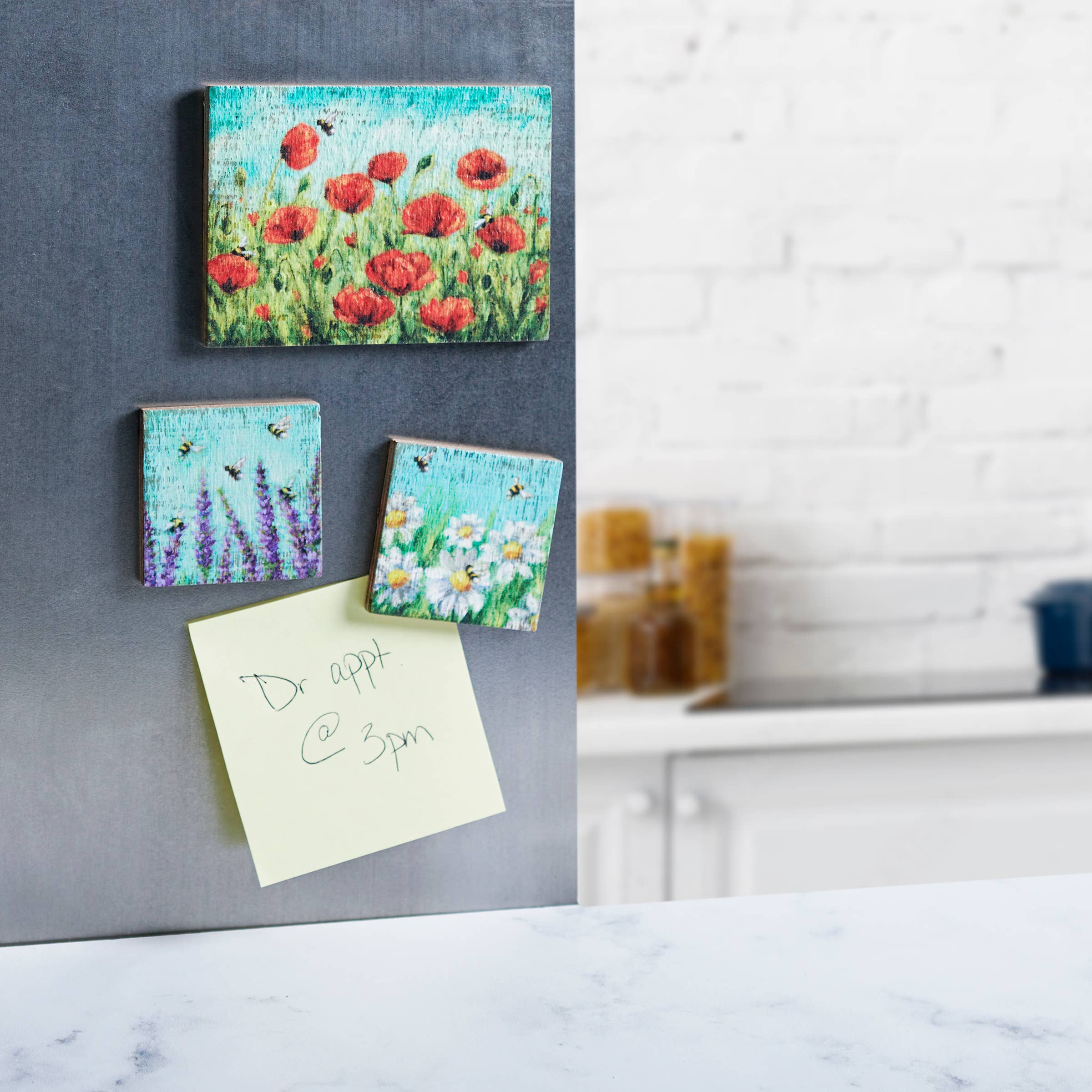 Accessories & Crocks - Flower Magnet Set - Painted look flower magnets with bees for tacking notes to a metal surface. 