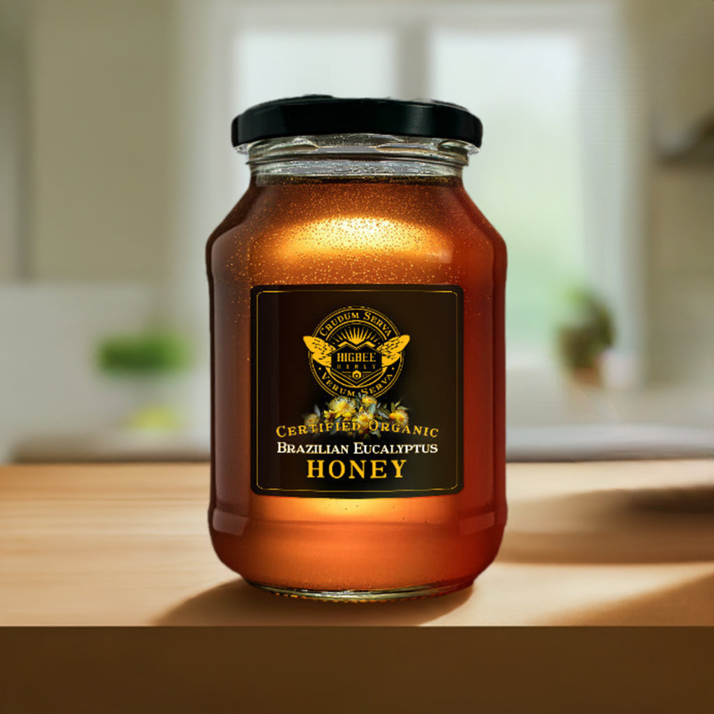 Honey - Brazilian Eucalyptus Organic Honey - Higbee Honey 40 ounce jar of Brazilian Eucalyptus honey on a table top 3