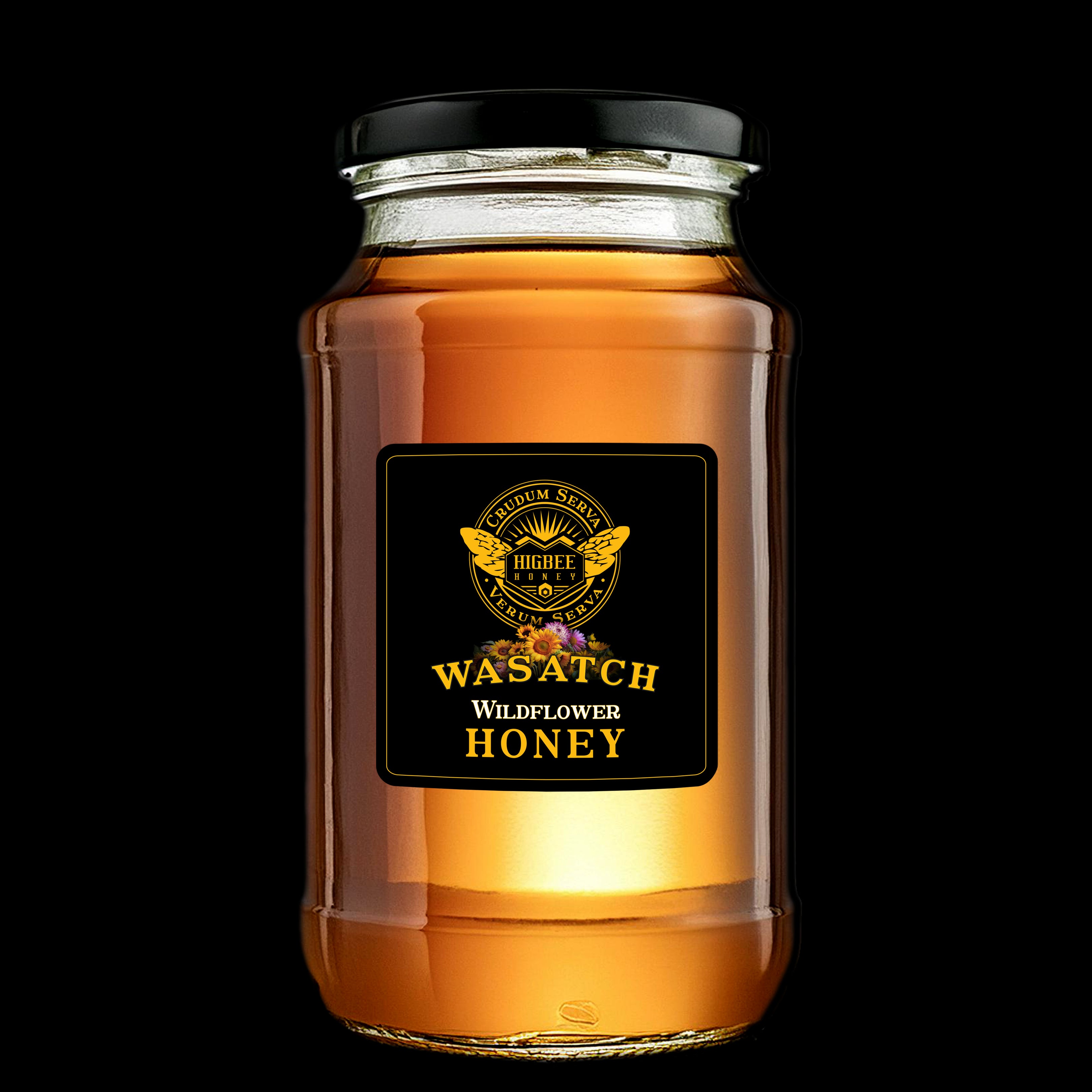 Honey - Wasatch Local Wildflower Dark Honey - Pure, Raw, Unfiltered Wildflower Honey in a glass jar and black metal lid,  backlit and glowing golden amber colors by Higbee Honey on a black Background.