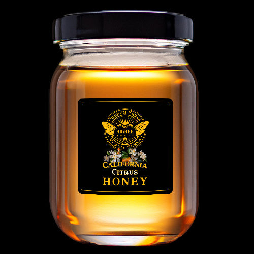 Honey - Southern California Raw Unfiltered Citrus Honey
Southern California Citruse Honey in a glass jar and black metal lid,  backlit and glowing golden amber colors by Higbee Honey on a black Background.