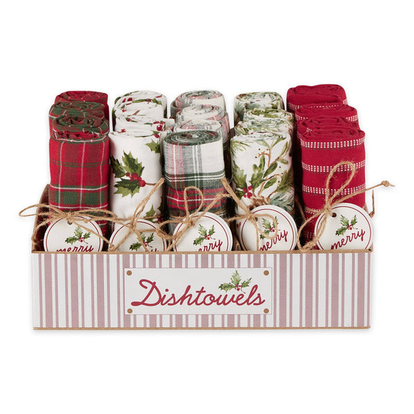 Higbee Honey Christmas Dishtowel set product image three - box of 20 in five different prints and patterns, four of each. Image is a box of twenty towels in a christmas gift set flair on a white background.