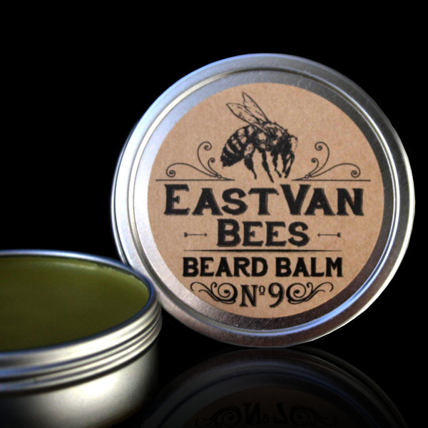 Accessories & Crocks - Beard Balm #9 by Eastvan Bees in a 2 oz. salve tin on black background.