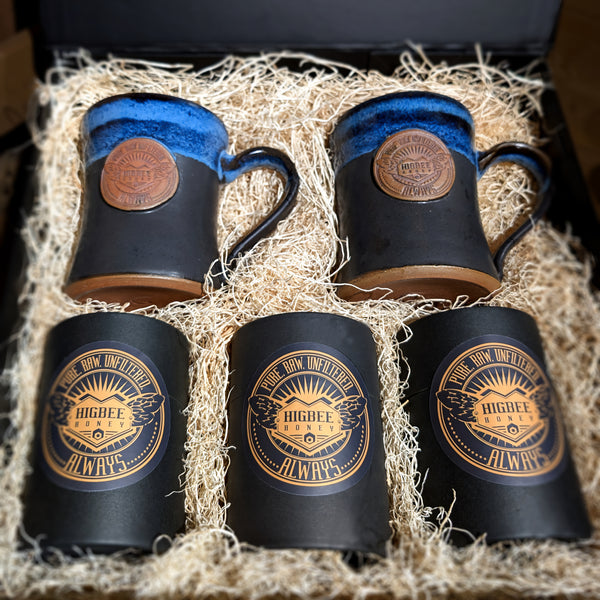 Premium Handcrafted Higbee Honey Coffee Mugs And Three-jar Honey Set