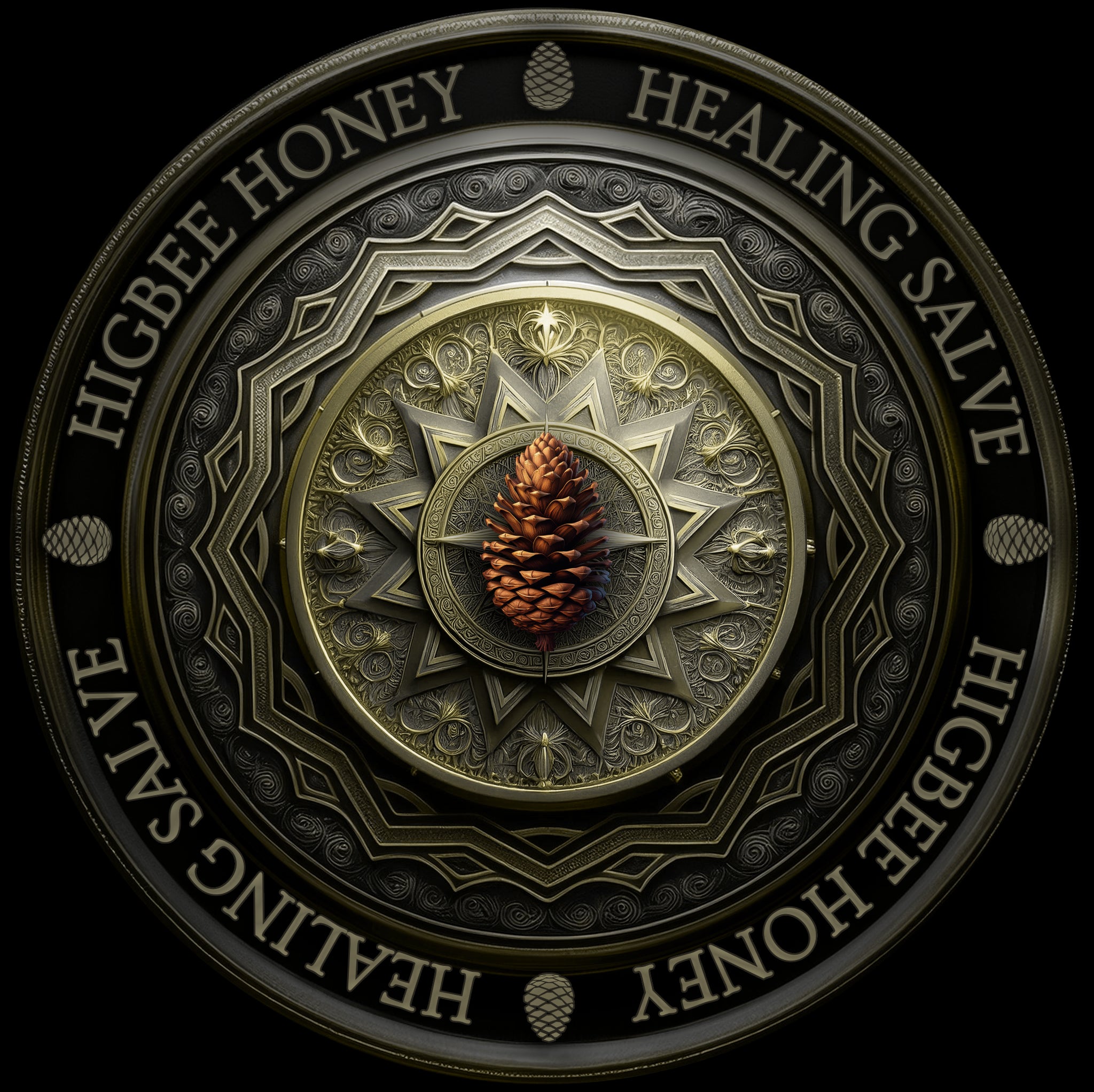 Gift Packages & Sets - Higbee Honey Healing Salve round rop lid product label with pine cone elements between text warpped radially around the outer edge. Inside the textis a geometric interweaving radial design that surrounds a twelve pointed star and a cardinal points compass element that are colored in a metallic pale green and which form the setting for a a crown pinecone.