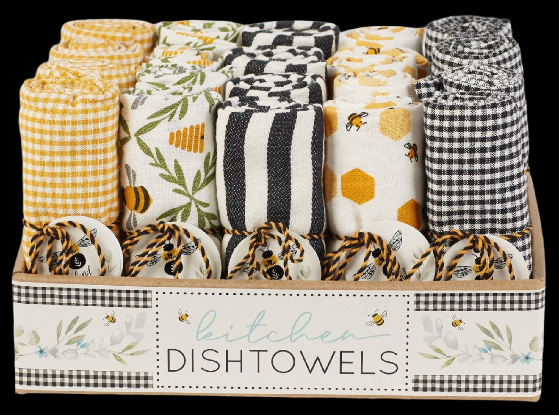 Accessories & Crocks - Honey Bee Dishtowels for the kitchen in a five print varietal pack of twenty total towels in a ox display on a black background.