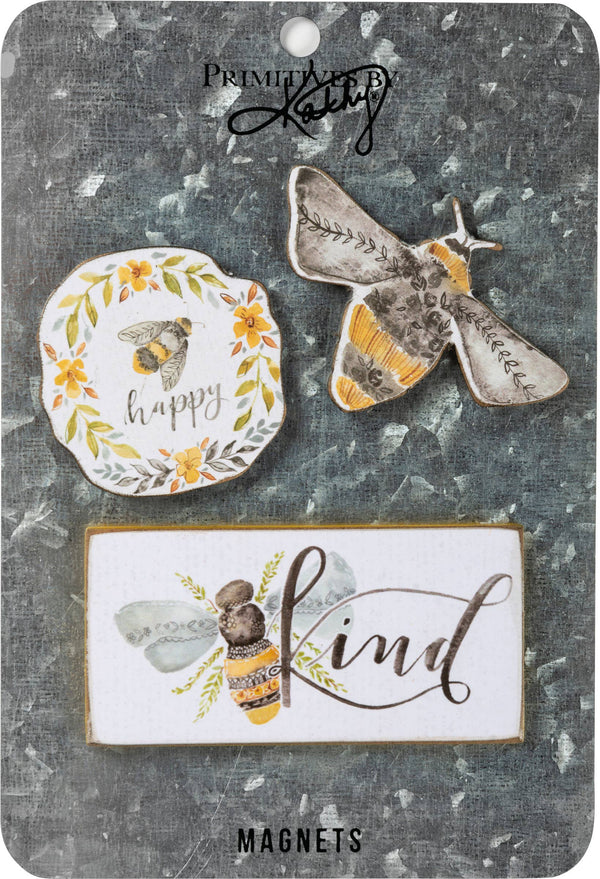 Higbee Honey Kitchen Magnets by Kathy magnet set 2 - image of three shapes of kitchen magnets all of which are bee themed.