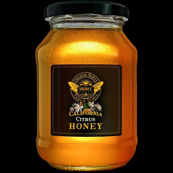 Honey - Southern California Raw Unfiltered Citrus Honey
Honey - Southern California Raw Unfiltered Citrus Honey
Southern California Citrus Honey in a glass jar and black metal lid,  backlit and glowing golden amber colors by Higbee Honey on a black Background.