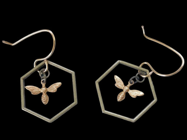 Accessories & Crocks - Honey Bee Earrings - Gold Hexagon with a bee attacjed at the apex of the heagonal shape. Higbee Honey
