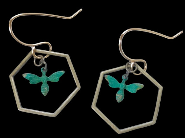 Accessories & Crocks - Honey Bee Verde Earrings - Silver Hexagon shape with a bee in verde green connected to the center hexagon apex  - Higbee Honey 