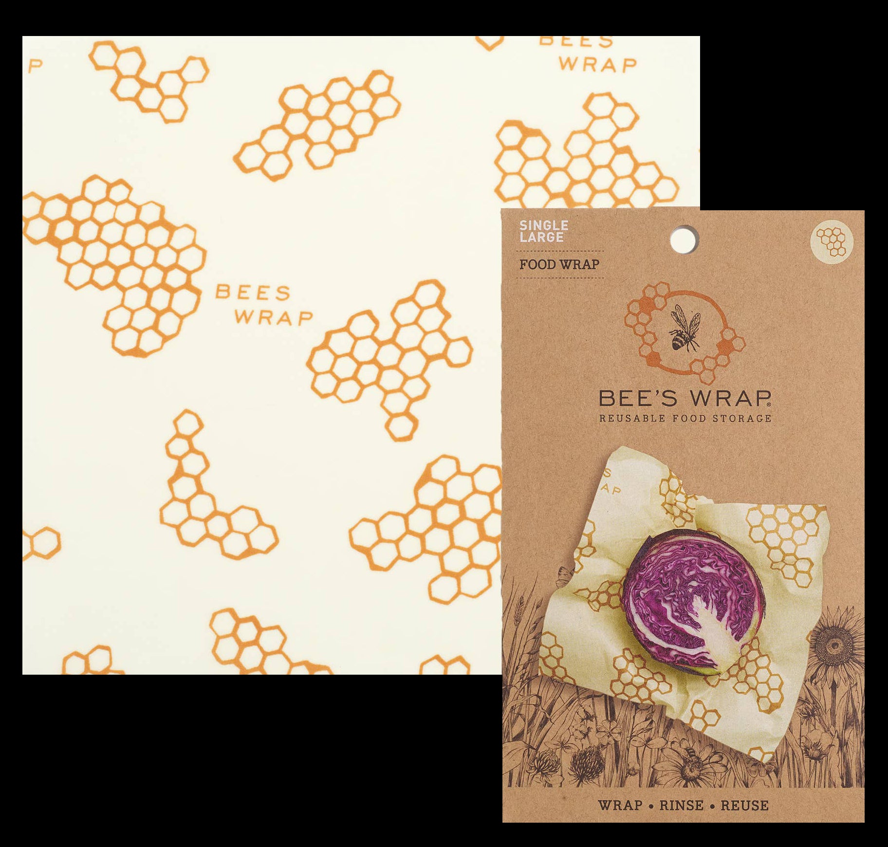 Image of Large Bee's Wrap with gold honeycomb print and recycled cardboard package laid over the top of the bottom-right corner. The cardboard package is printed with an attractive image of a sliced red cabbage head partially wrapped with the Bee's Wrap.