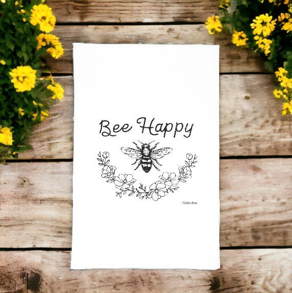 Accessories & Crocks - Bee Happy Spring Flour Sack Cotton Tea Towel