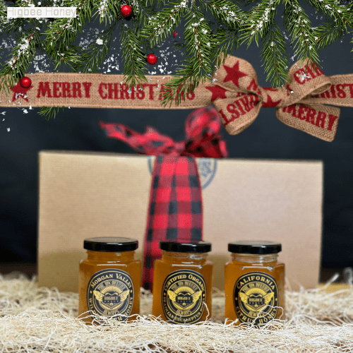 Higbee Honey Gift set with three 6 ounce jars of jars of Local Pure raw Unfiltered Honey with a bow and pine bough window dressing still life product photograph.